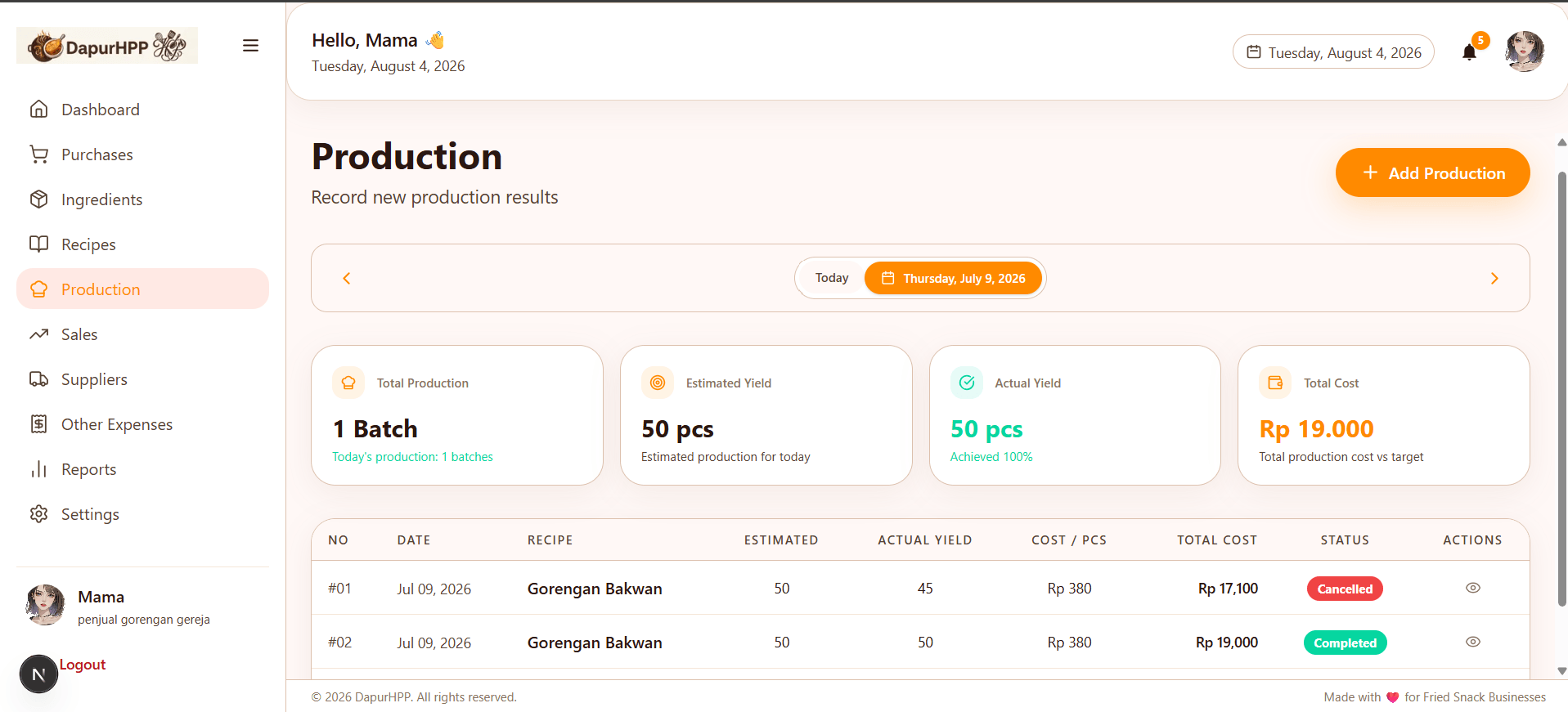 Production management with immutable COGS snapshots