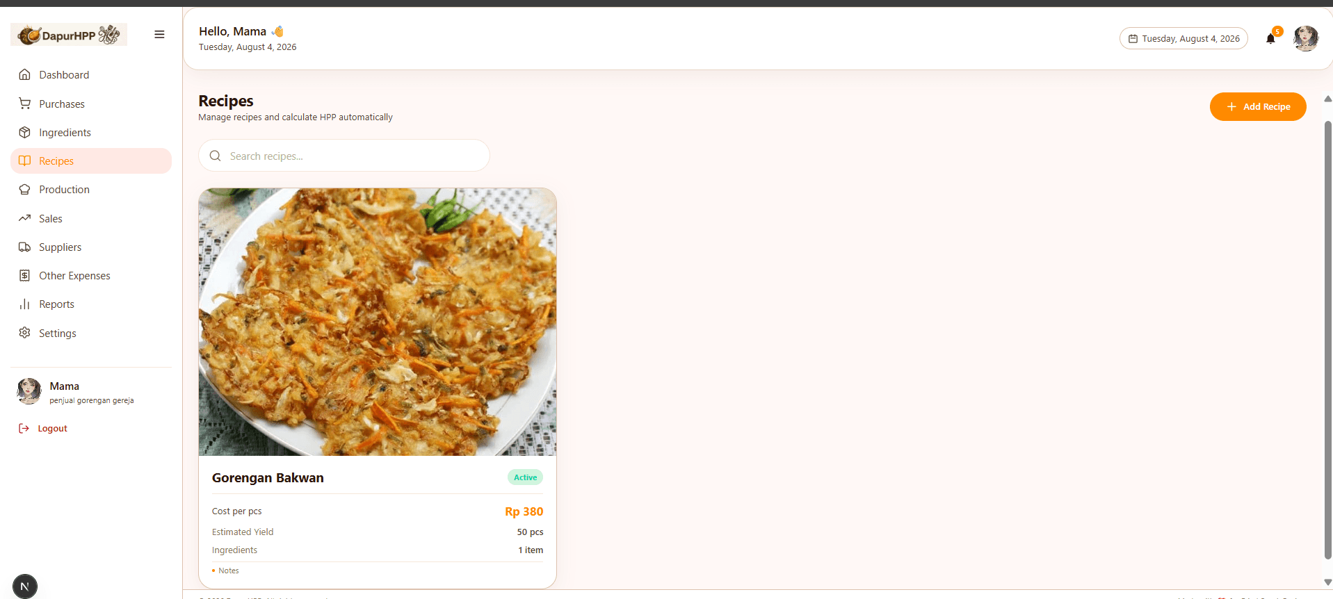 Recipe management with real-time COGS calculation
