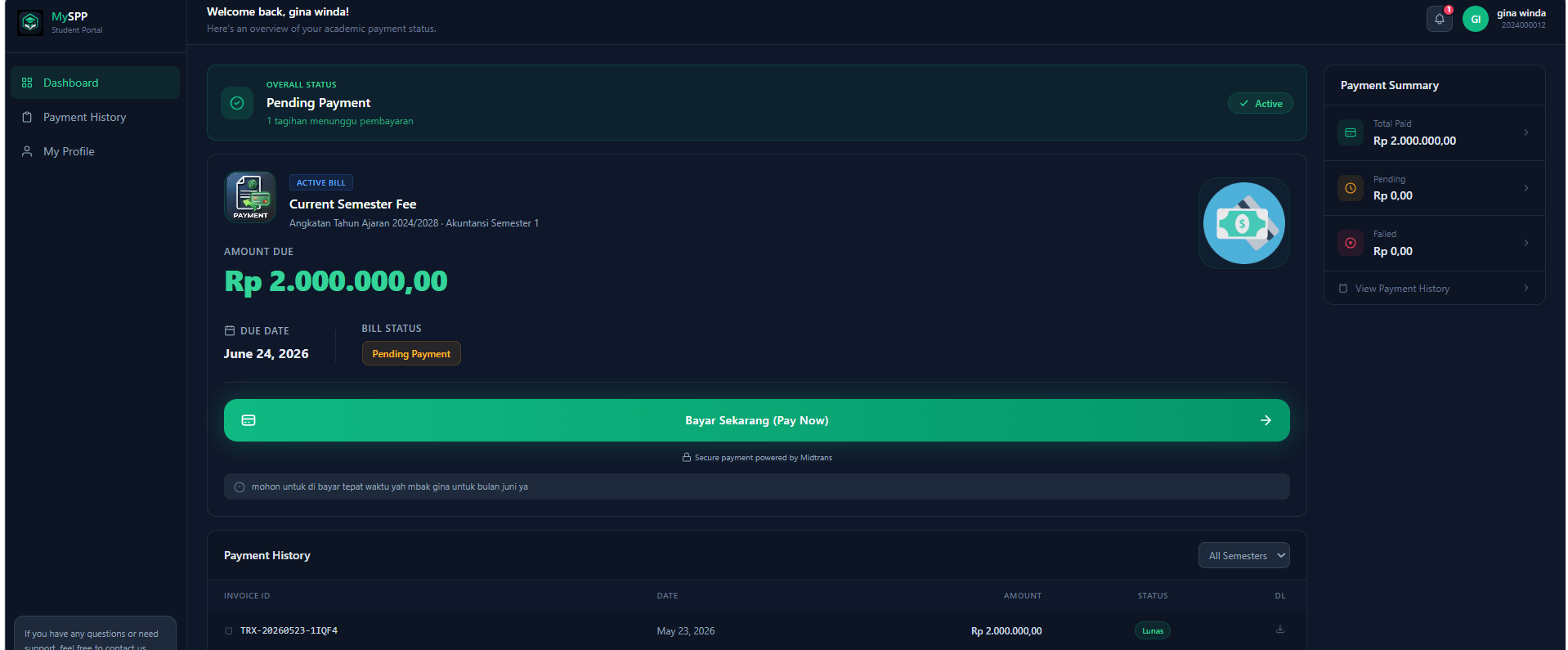 Student portal dashboard
